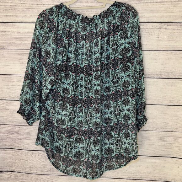 KUT From The Kloth Women L Blue Pink Paisley Off Shoulder Sheer Peasant Top Boho - Picture 2 of 4